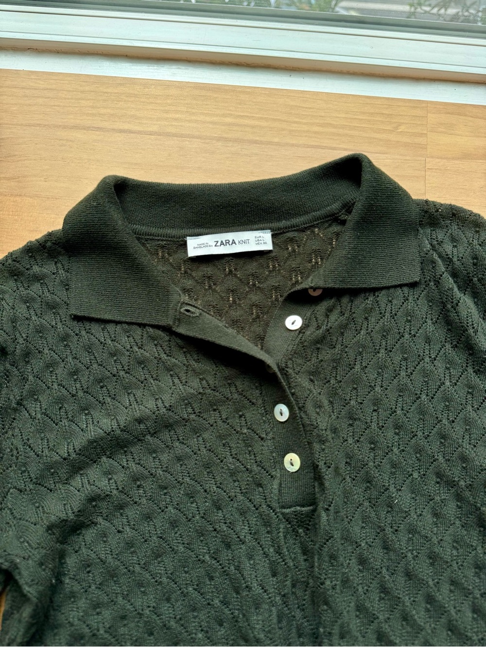 Zara Dark Olive Forest Green Polo Knit Sweater Semi-Sheer Lightweight Academia - Picture 4 of 9
